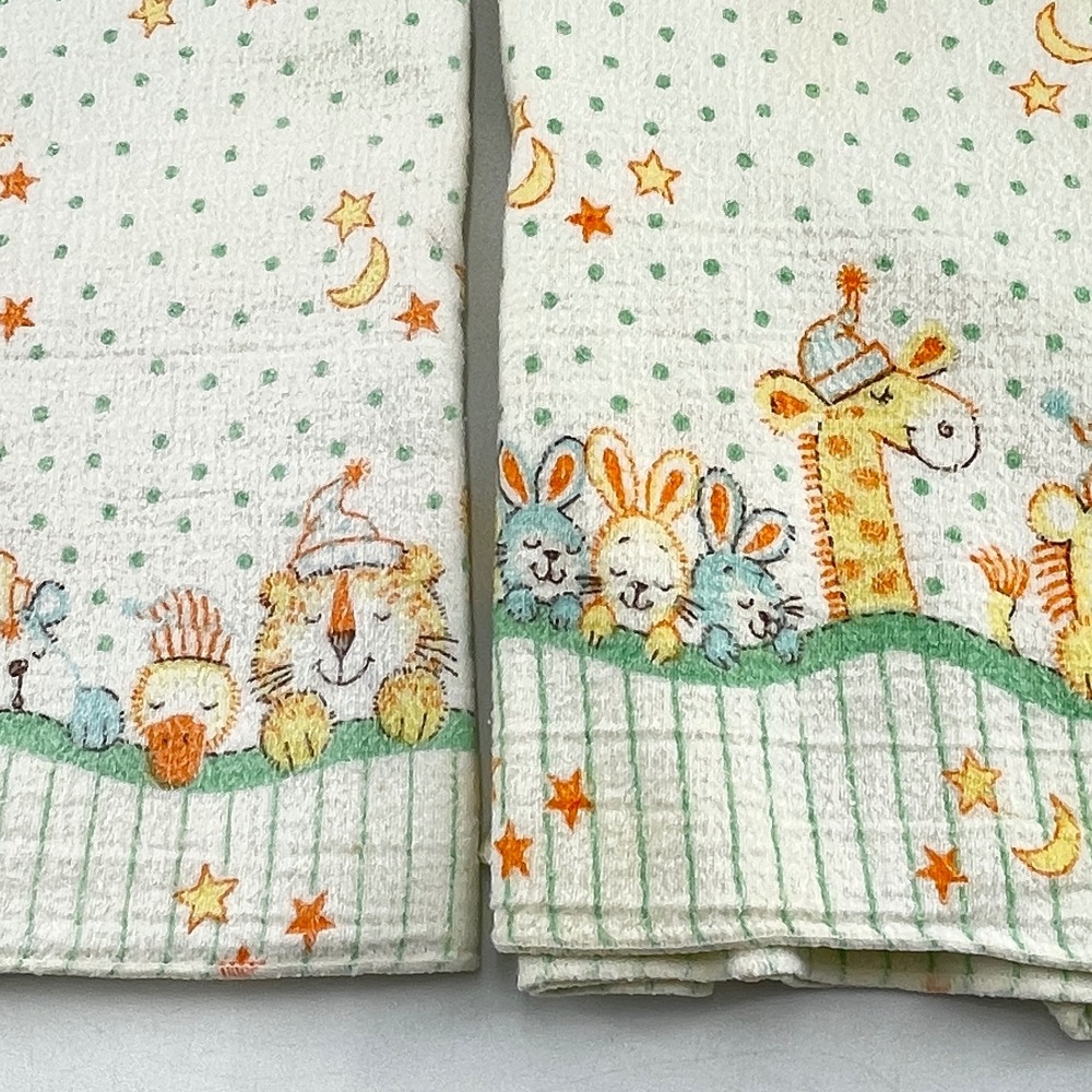 Vintage Toddle Time Cotton Receiving Blankets Set of 2 Sleeping Animals 30x40